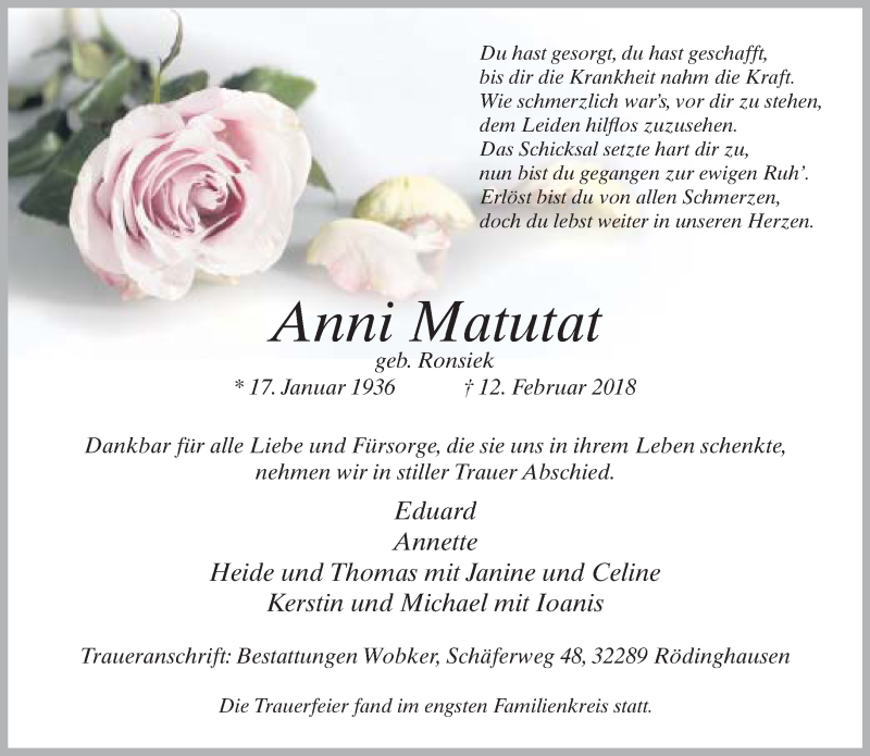  Traueranzeige für Anni Matutat vom 17.02.2018 aus Neue Westfälische