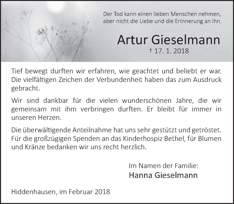  Traueranzeige für Artur Gieselmann vom 24.02.2018 aus Neue Westfälische