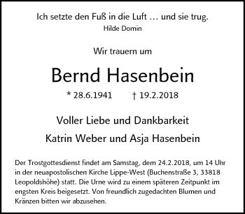 Traueranzeige von Bernd Hasenbein von Neue Westfälische