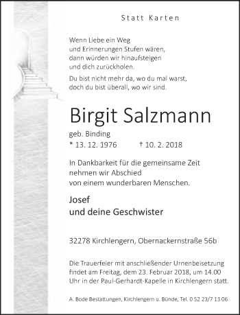 Traueranzeige von Birgit Salzmann von Neue Westfälische