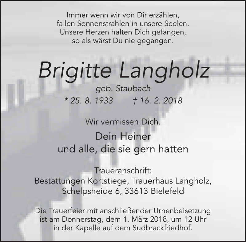  Traueranzeige für Brigitte Langholz vom 24.02.2018 aus Neue Westfälische