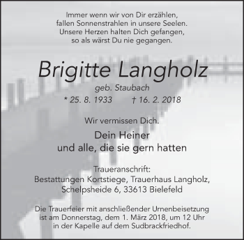 Traueranzeige von Brigitte Langholz von Neue Westfälische