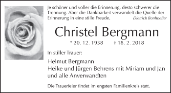 Traueranzeige von Christel Bergmann von Neue Westfälische