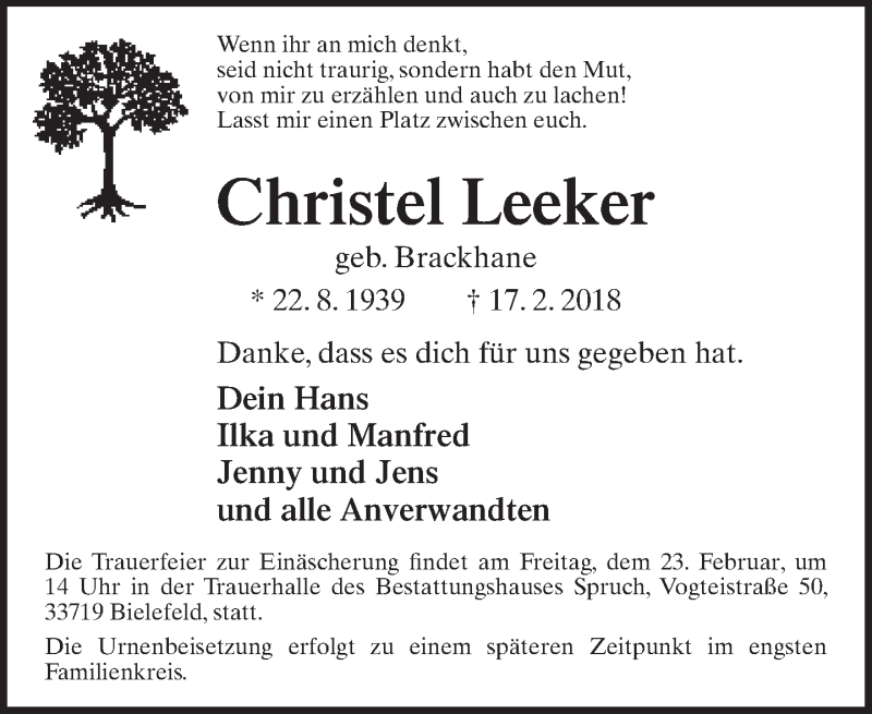  Traueranzeige für Christel Leeker vom 21.02.2018 aus Neue Westfälische