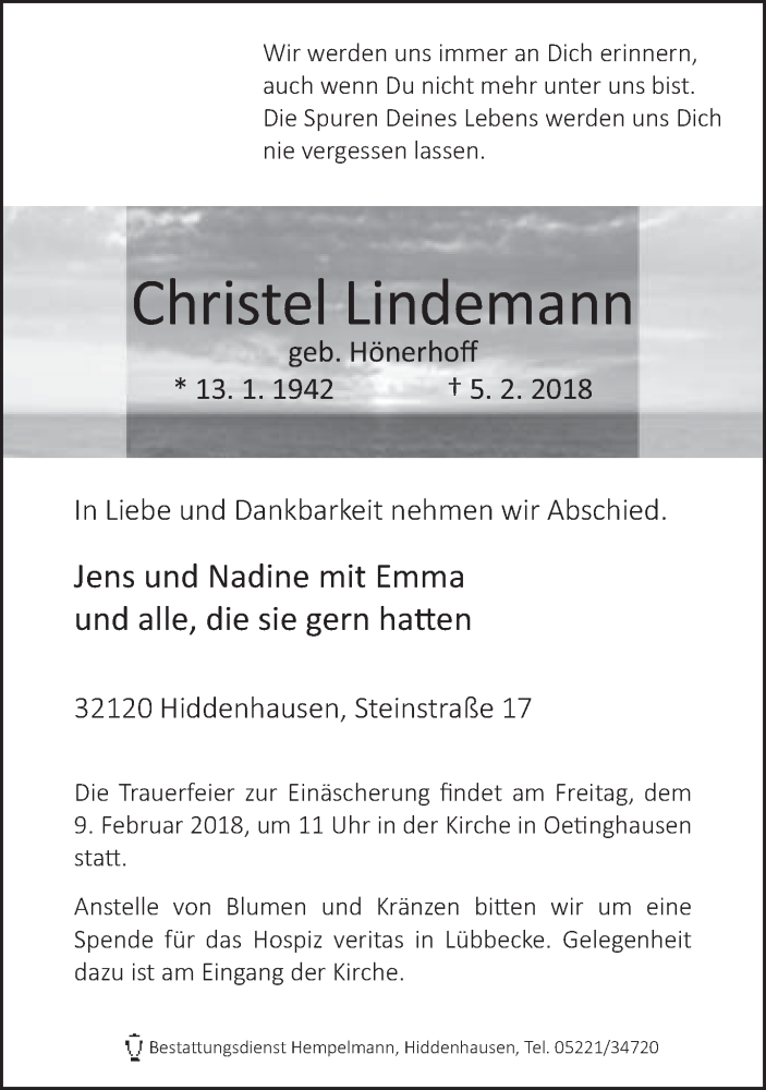  Traueranzeige für Christel Lindemann vom 06.02.2018 aus Neue Westfälische