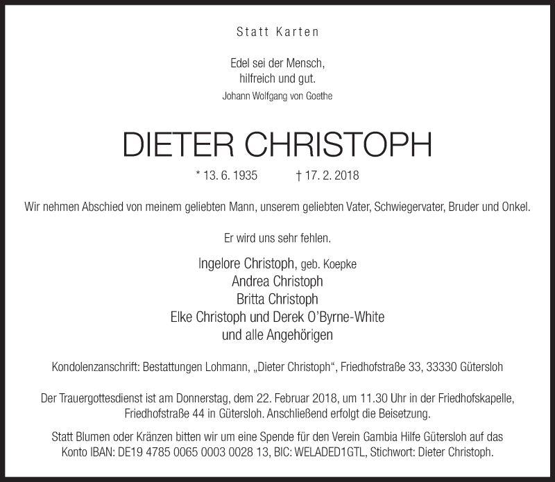  Traueranzeige für Dieter Christoph vom 20.02.2018 aus Neue Westfälische