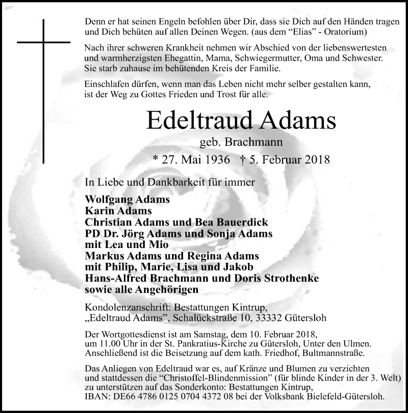  Traueranzeige für Edeltraud Adams vom 07.02.2018 aus Neue Westfälische