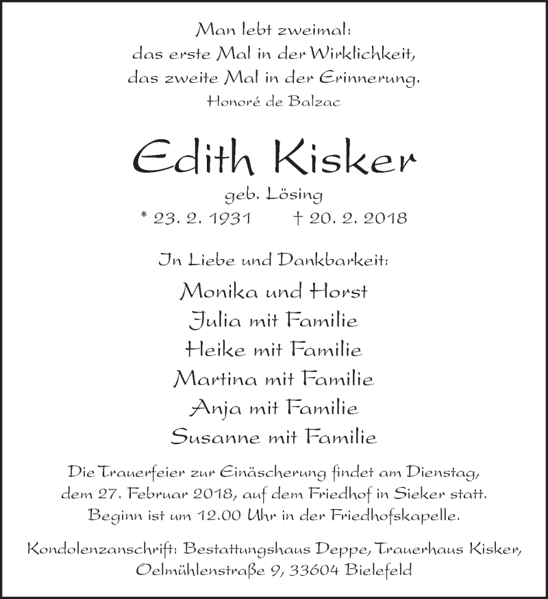  Traueranzeige für Edith Kisker vom 22.02.2018 aus Neue Westfälische