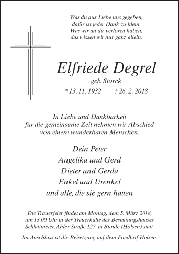 Traueranzeige von Elfriede Degrel von Neue Westfälische