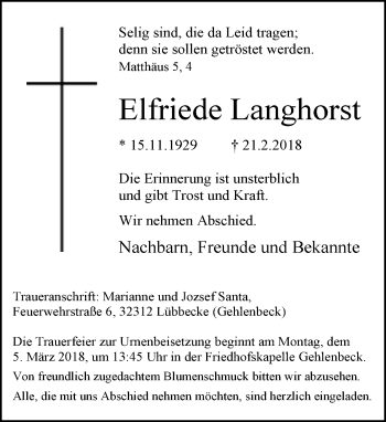 Traueranzeige von Elfriede Langhorst von Neue Westfälische