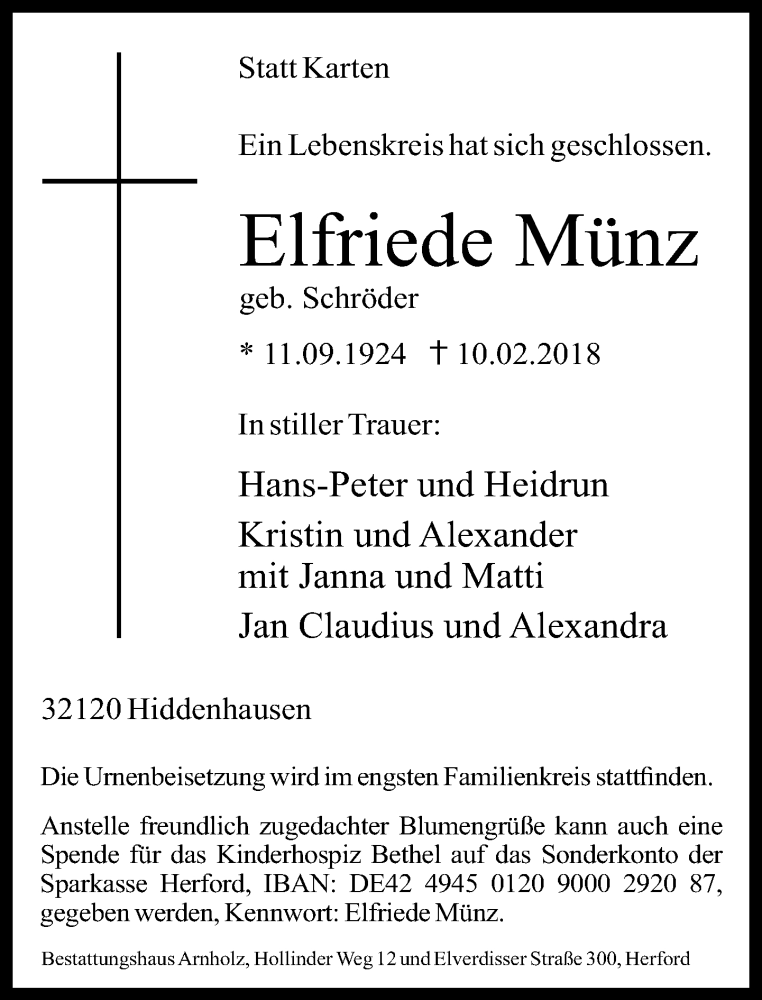  Traueranzeige für Elfriede Münz vom 17.02.2018 aus Neue Westfälische