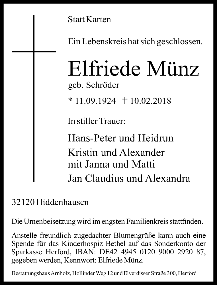  Traueranzeige für Elfriede Münz vom 17.02.2018 aus Neue Westfälische