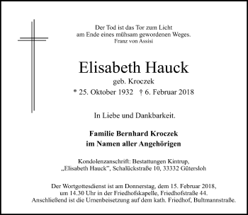 Traueranzeige von Elisabeth Hauck von Neue Westfälische