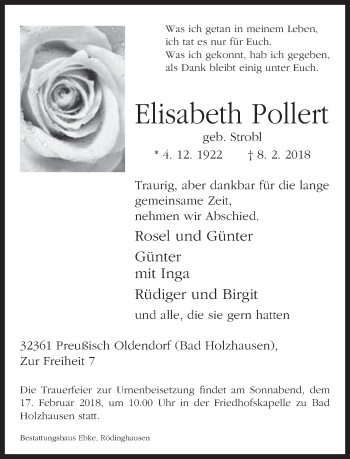 Traueranzeige von Elisabeth Pollert von Neue Westfälische