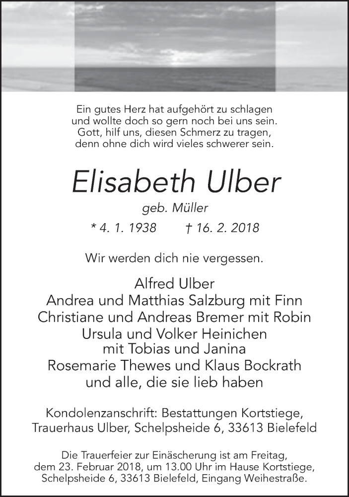  Traueranzeige für Elisabeth Ulber vom 21.02.2018 aus Neue Westfälische