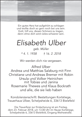 Traueranzeige von Elisabeth Ulber von Neue Westfälische