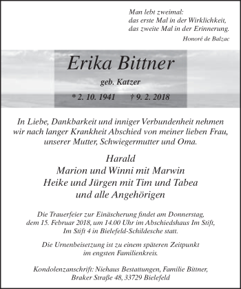 Traueranzeige von Erika Bittner von Neue Westfälische