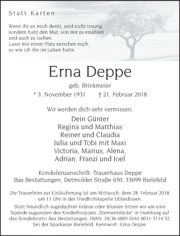 Traueranzeige von Erna Deppe von Neue Westfälische