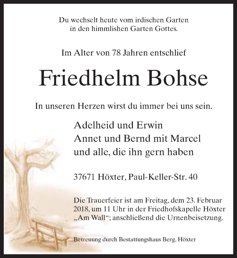  Traueranzeige für Friedhelm Bohse vom 17.02.2018 aus Neue Westfälische