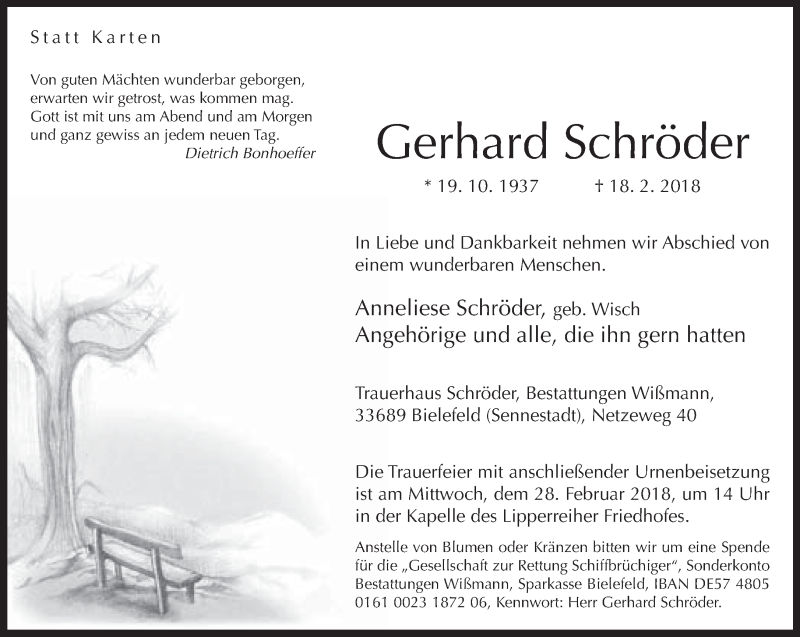  Traueranzeige für Gerhard Schröder vom 24.02.2018 aus Neue Westfälische