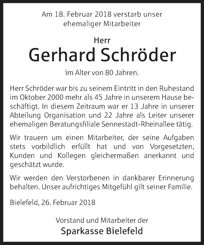 Traueranzeige für Gerhard Schröder vom 27.02.2018 aus Neue Westfälische
