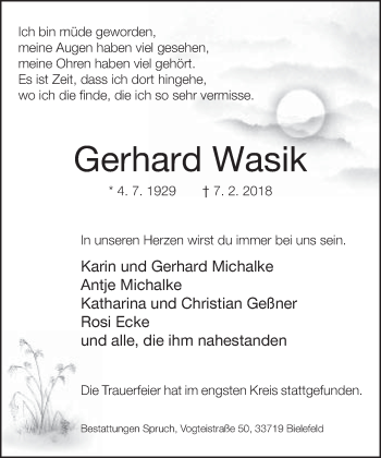 Traueranzeige von Gerhard Wasik von Neue Westfälische