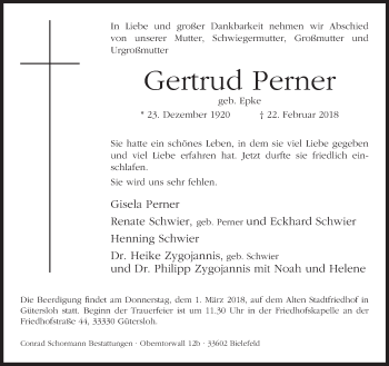 Traueranzeige von Gertrud Perner von Neue Westfälische