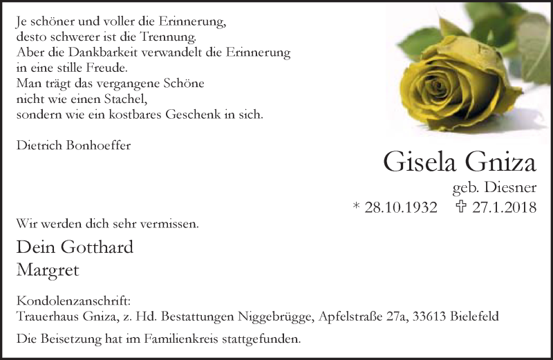  Traueranzeige für Gisela Gniza vom 10.02.2018 aus Neue Westfälische