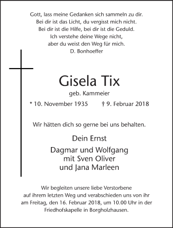 Traueranzeige von Gisela Tix von Neue Westfälische