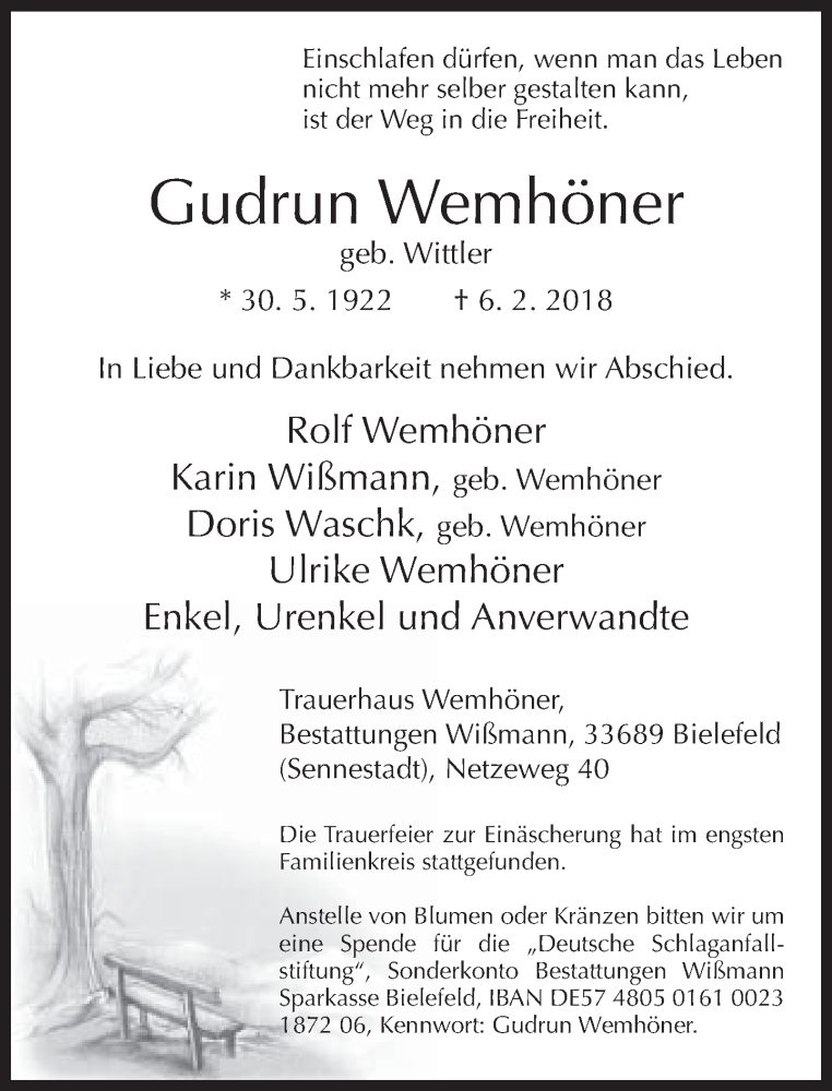  Traueranzeige für Gudrun Wemhöner vom 17.02.2018 aus Neue Westfälische