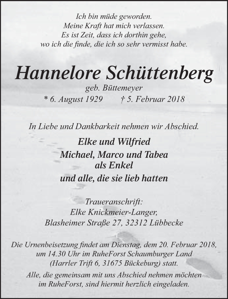  Traueranzeige für Hannelore Schüttenberg vom 16.02.2018 aus Neue Westfälische