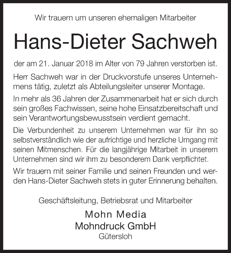  Traueranzeige für Hans-Dieter Sachweh vom 01.02.2018 aus Neue Westfälische