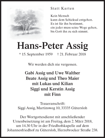 Traueranzeige von Hans-Peter Assig von Neue Westfälische