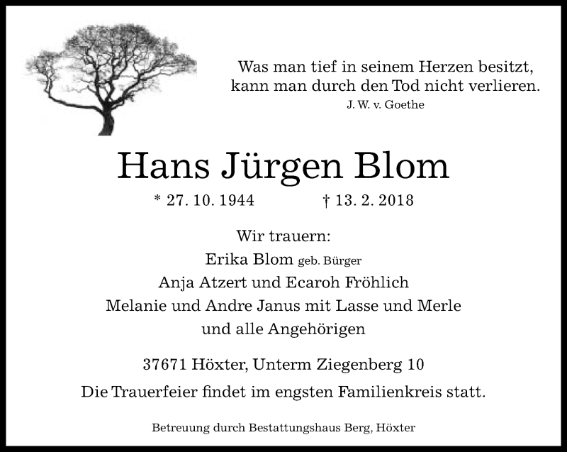  Traueranzeige für Hans Jürgen Blom vom 17.02.2018 aus Neue Westfälische