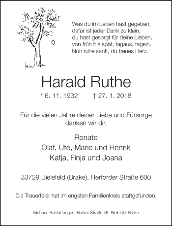 Traueranzeige von Harald Ruthe von Neue Westfälische