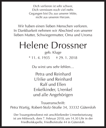 Traueranzeige von Helene Drossner von Neue Westfälische