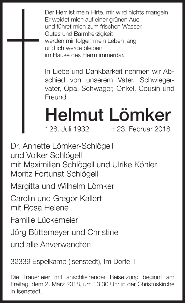 Traueranzeige für Helmut Lömker vom 27.02.2018 aus Neue Westfälische