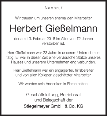 Traueranzeige von Herbert Gießelmann von Neue Westfälische