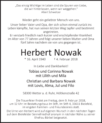 Traueranzeige von Herbert Nowak von Neue Westfälische