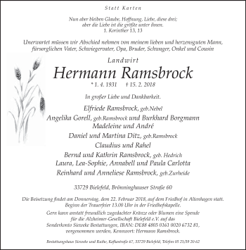 Traueranzeige von Hermann Ramsbrock von Neue Westfälische