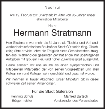 Traueranzeige von Hermann Stratmann von Neue Westfälische