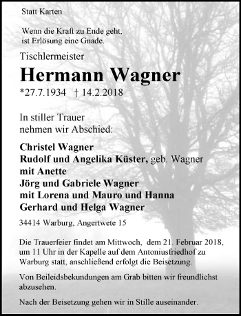 Traueranzeige von Hermann Wagner von Neue Westfälische
