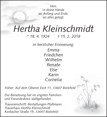 Traueranzeige von Hertha Kleinschmidt von Neue Westfälische