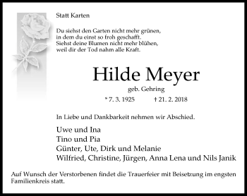Traueranzeige von Hilde Meyer von Neue Westfälische