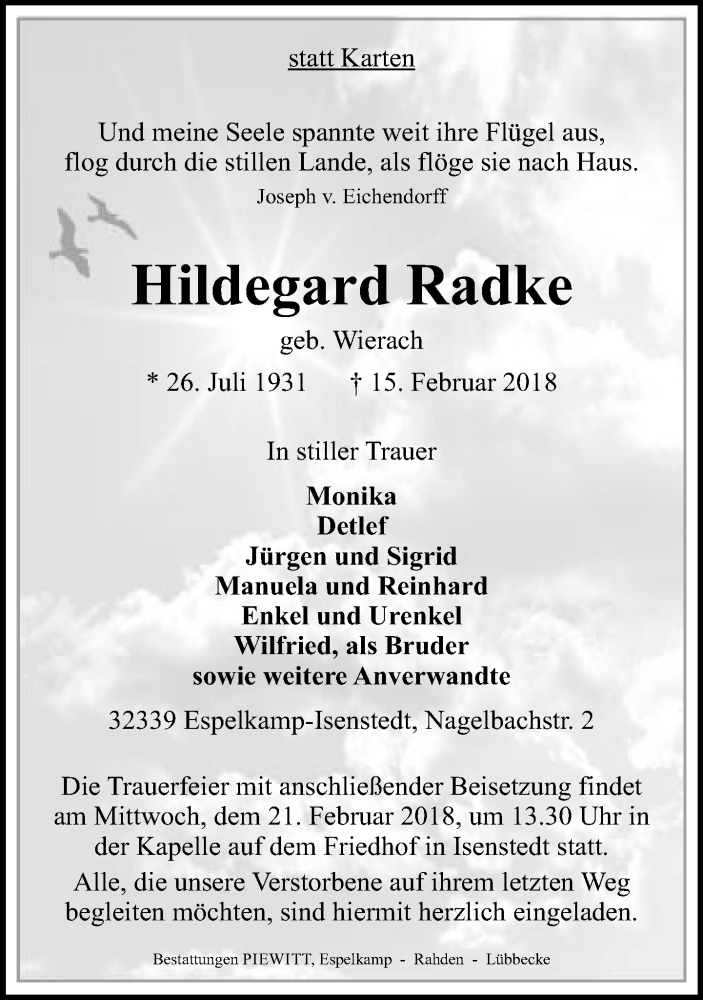  Traueranzeige für Hildegard Radke vom 17.02.2018 aus Neue Westfälische