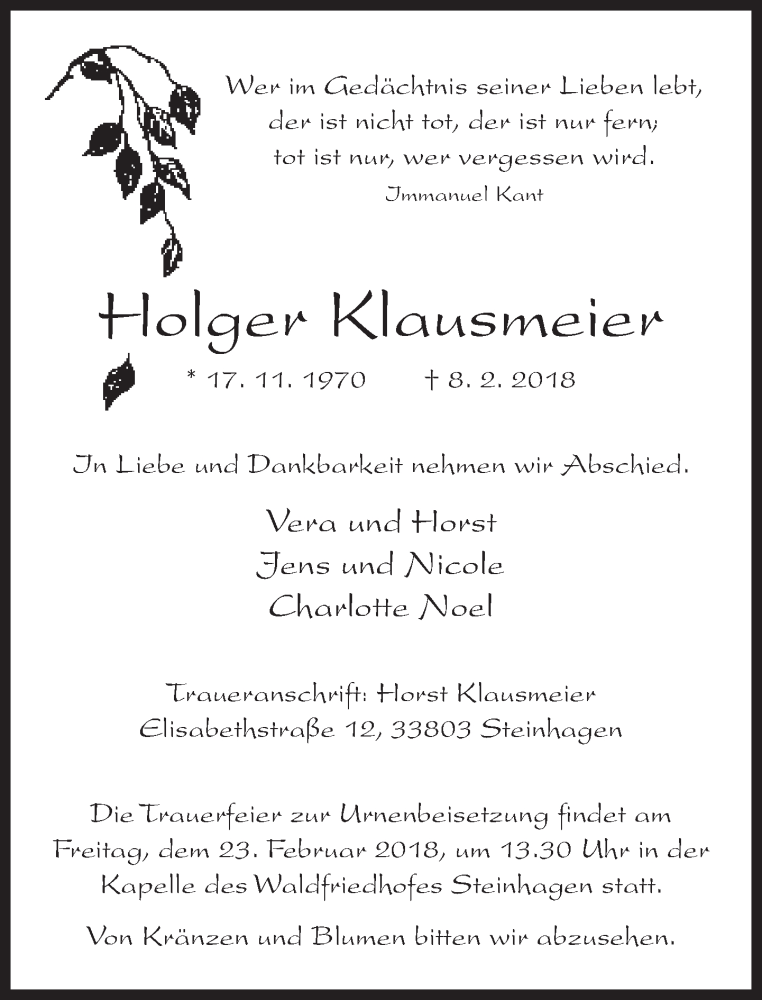  Traueranzeige für Holger Klausmeier vom 13.02.2018 aus Neue Westfälische
