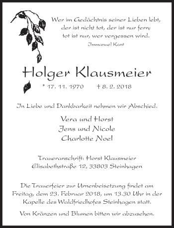Traueranzeige von Holger Klausmeier von Neue Westfälische