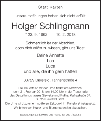 Traueranzeige von Holger Schlingmann von Neue Westfälische