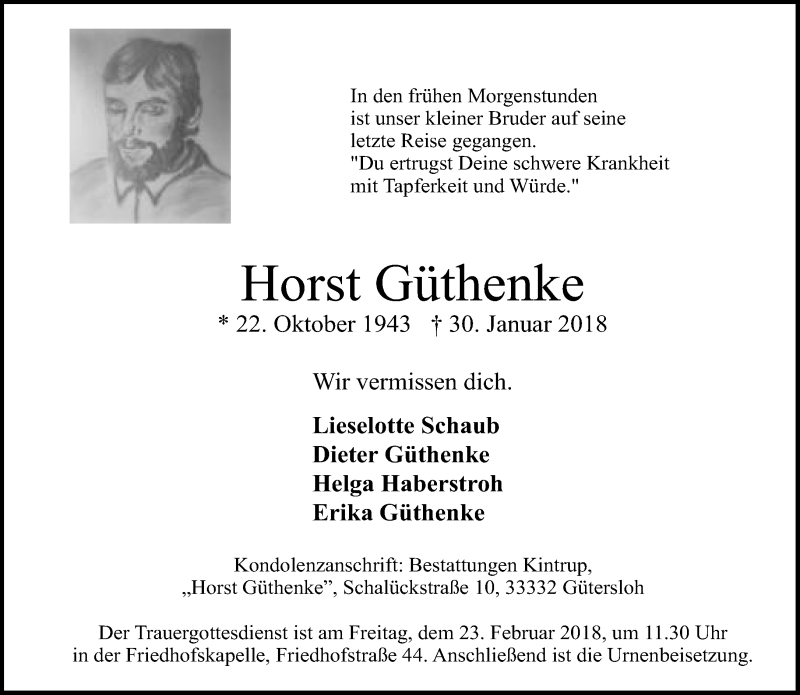 Traueranzeige für Horst Güthenke vom 17.02.2018 aus Neue Westfälische