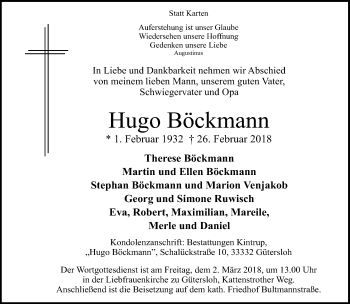 Traueranzeige von Hugo Böckmann von Neue Westfälische